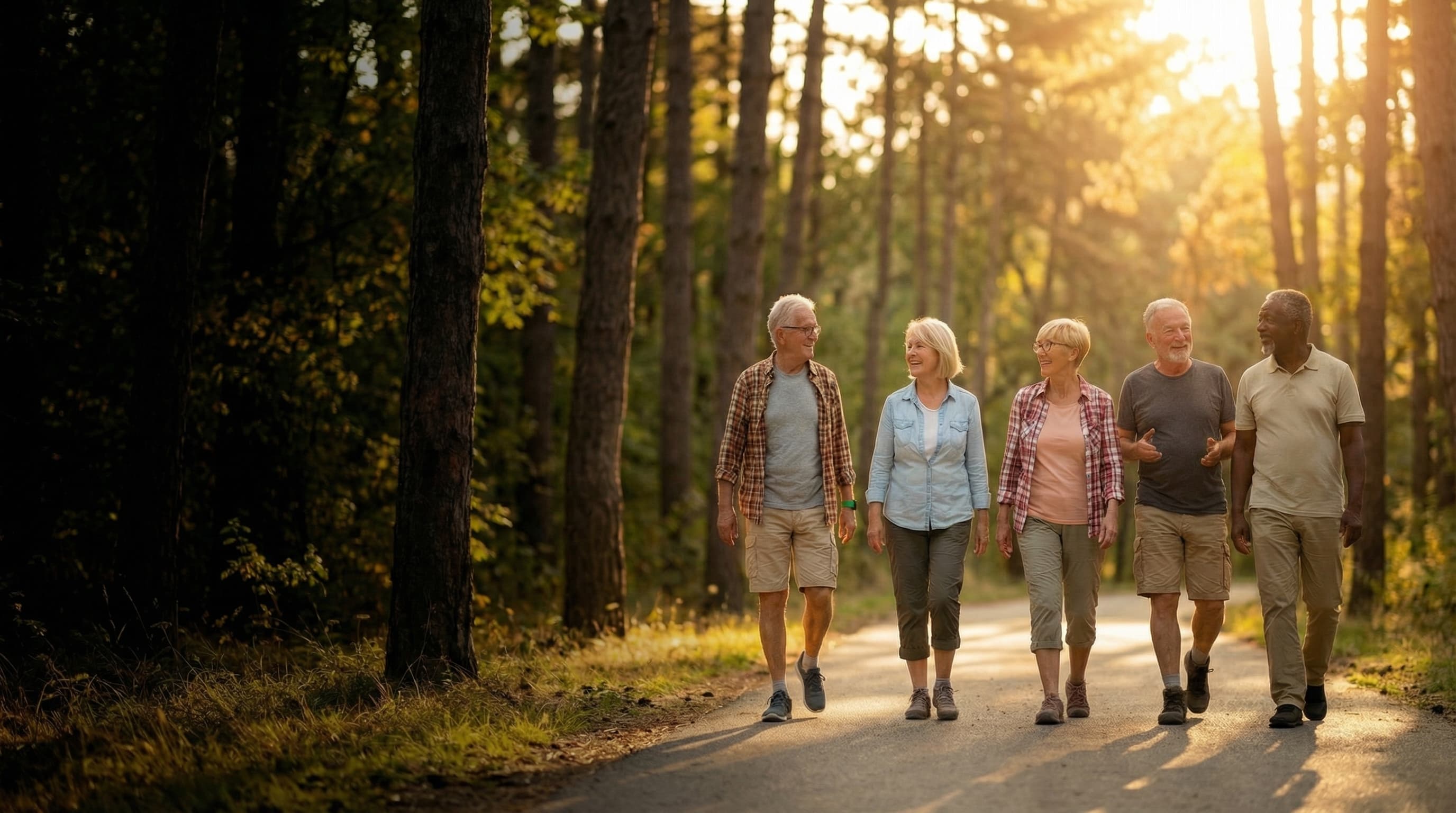 Group of happy seniors walking together on a sunny park path